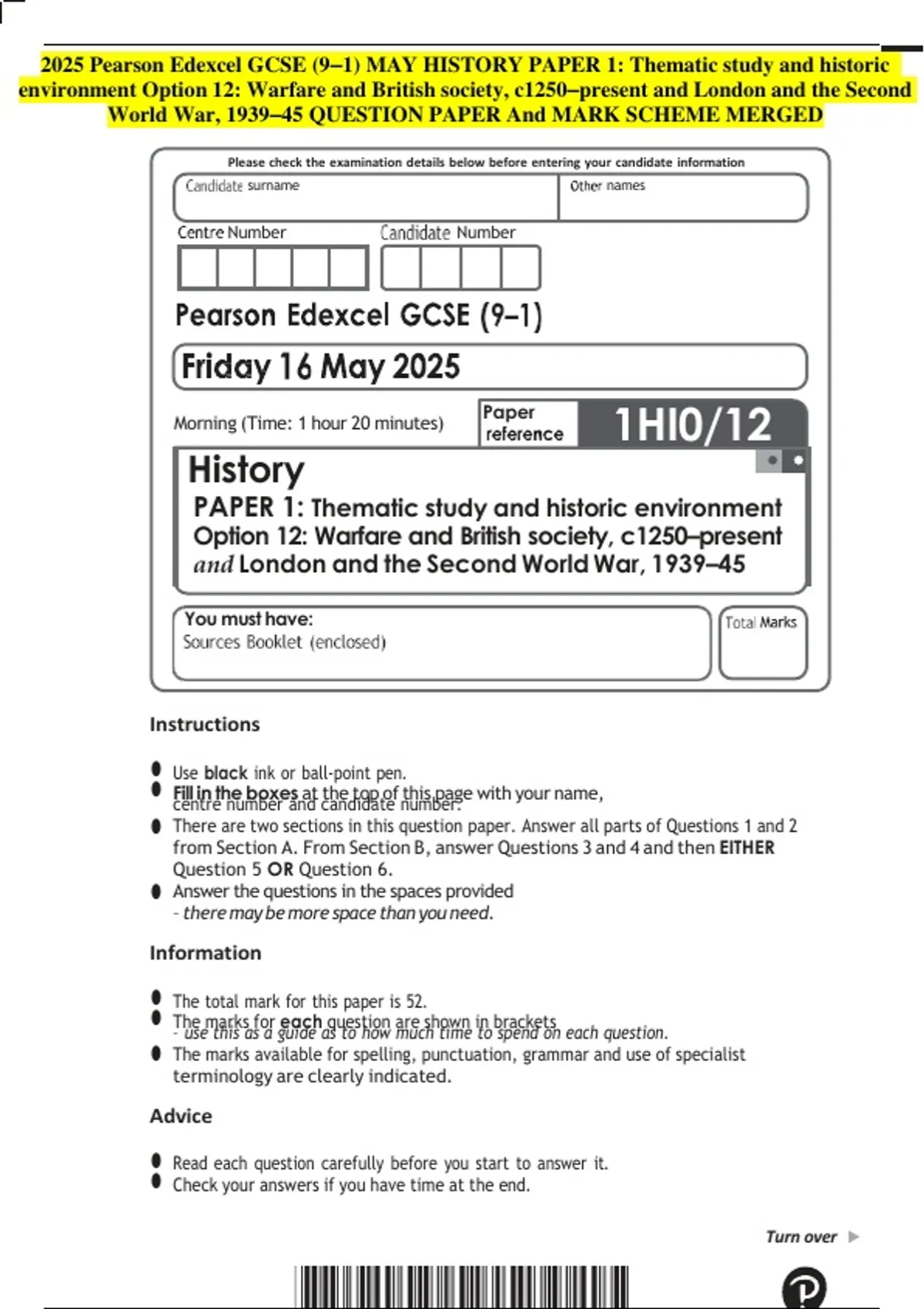 2025 Pearson Edexcel GCSE (9–1) MAY HISTORY PAPER 1: Thematic study and ...