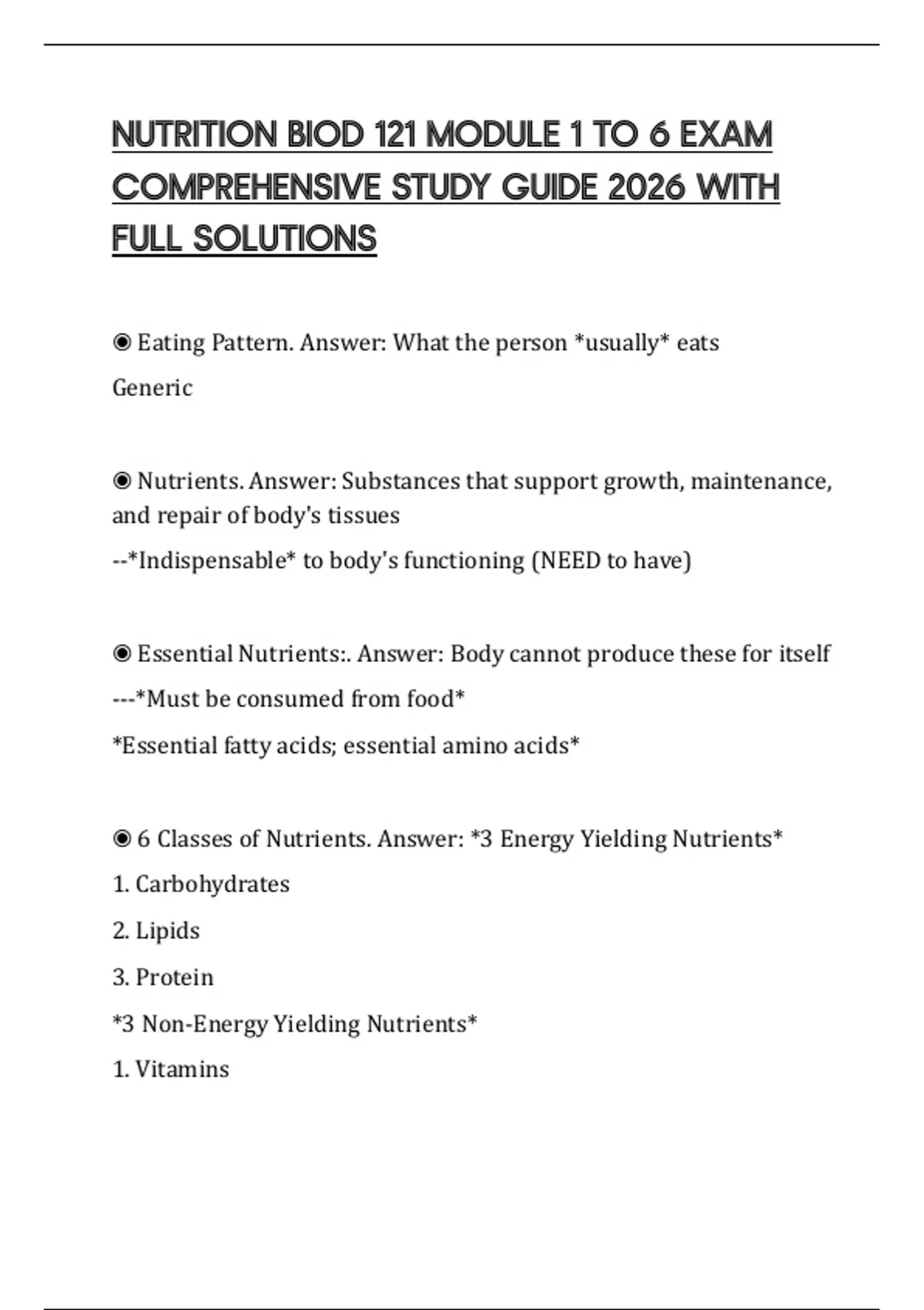 NUTRITION BIOD 121 MODULE 1 TO 6 EXAM COMPREHENSIVE STUDY GUIDE 2026 ...