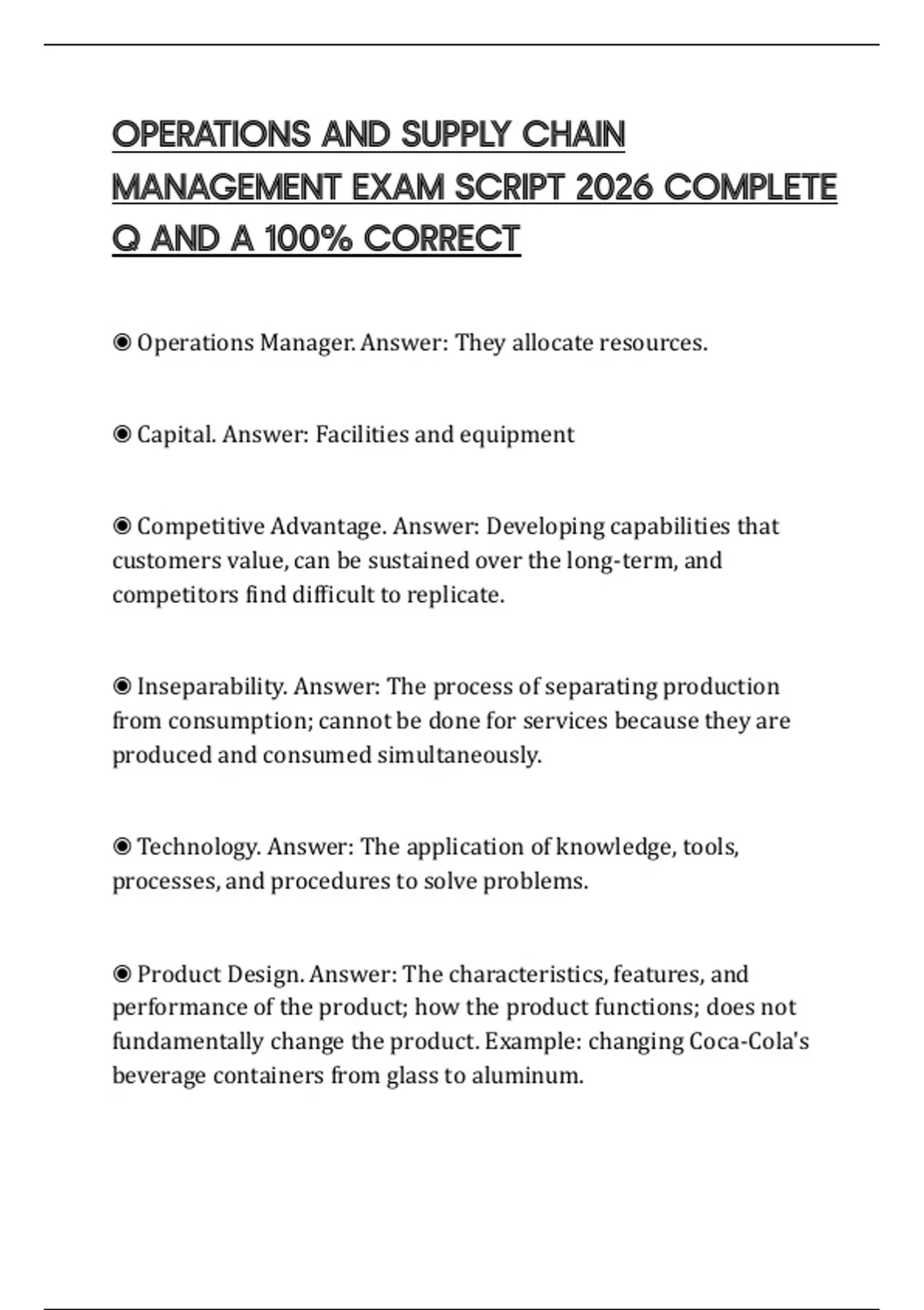 OPERATIONS AND SUPPLY CHAIN MANAGEMENT EXAM SCRIPT 2026 COMPLETE Q AND ...