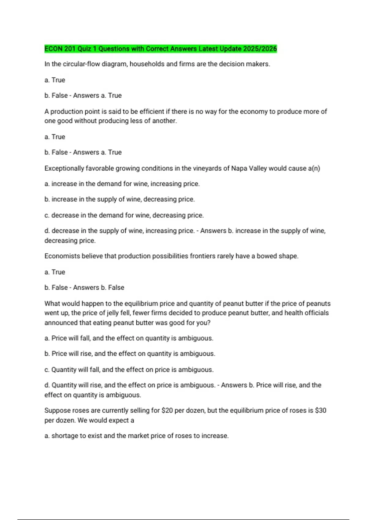 ECON 201 Quiz 1 Questions with Correct Answers Latest Update 2025/2026 ...