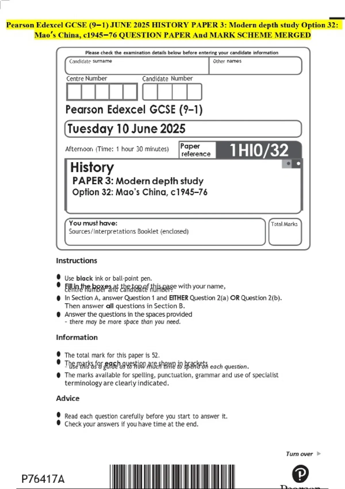 Pearson Edexcel GCSE (9–1) JUNE 2025 HISTORY PAPER 3: Modern depth ...