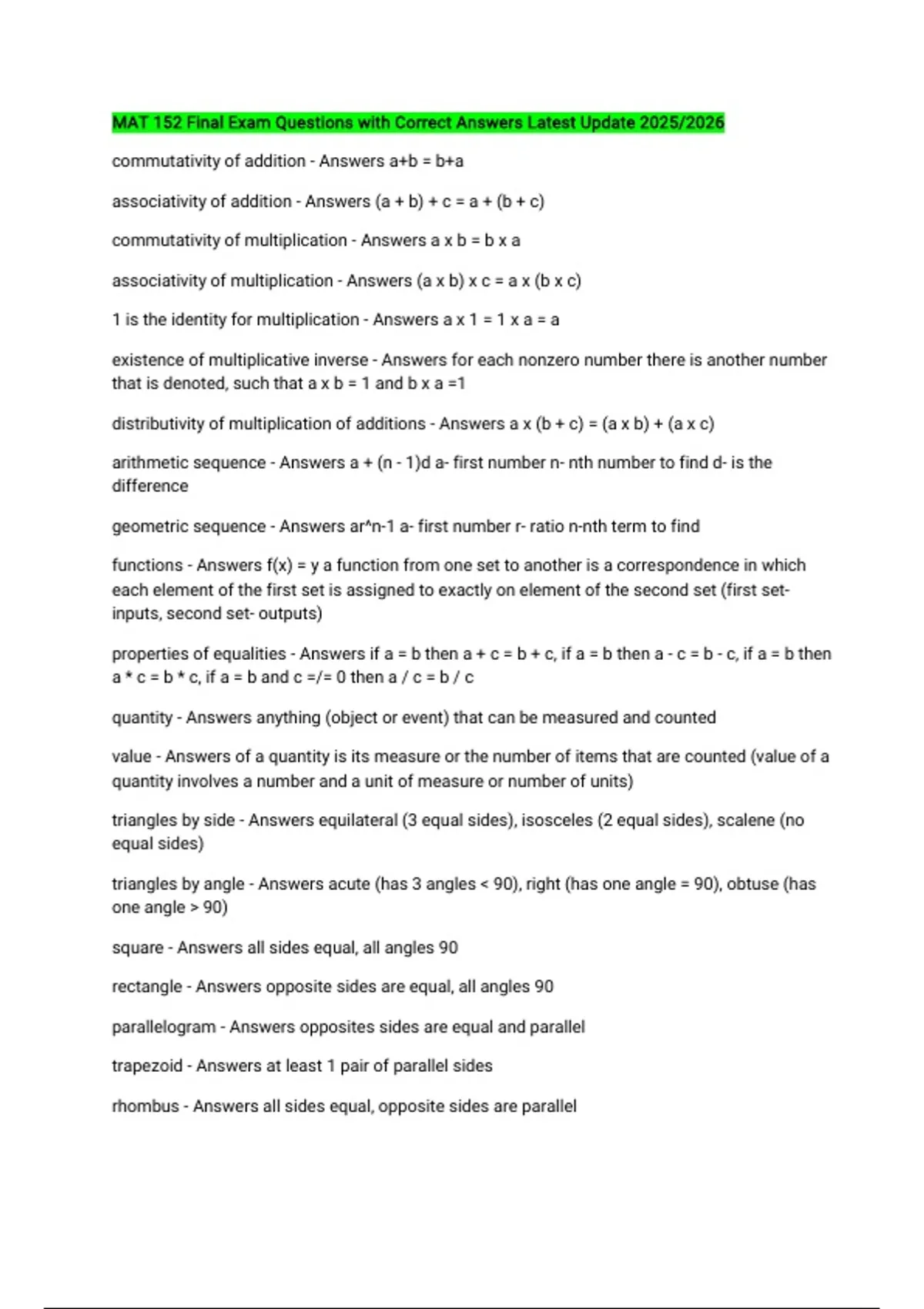 MAT 152 Final Exam Questions with Correct Answers Latest Update 2025/ ...