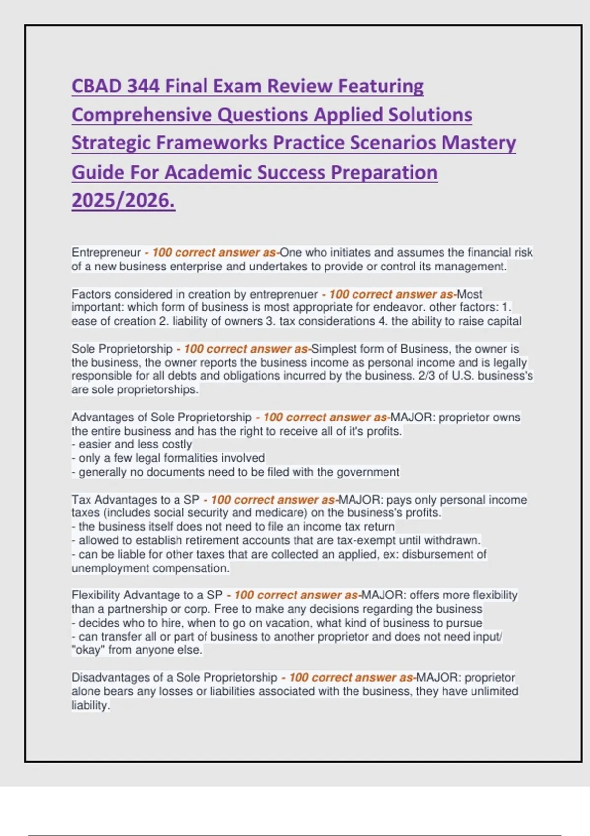 CBAD 344 Final Exam Review Featuring Comprehensive Questions Applied ...