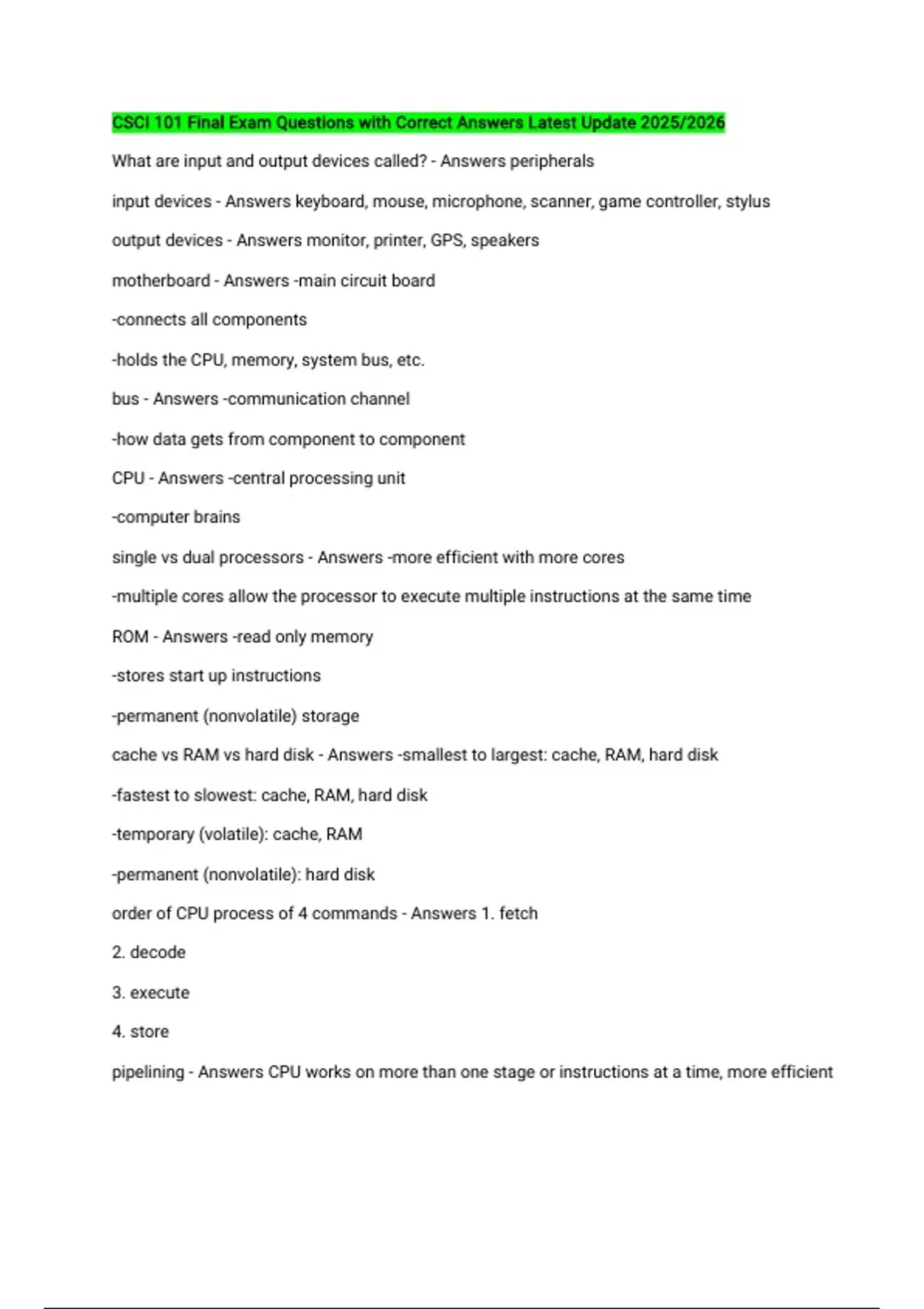 CSCI 101 Final Exam Questions with Correct Answers Latest Update 2025/ ...