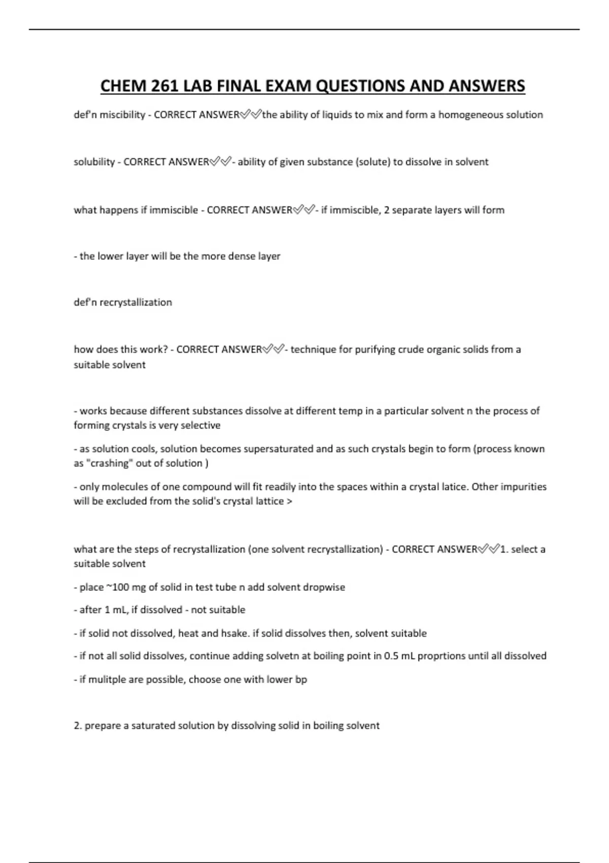 CHEM 261 LAB FINAL EXAM QUESTIONS AND ANSWERS - CHEM 261 LAB - Stuvia US