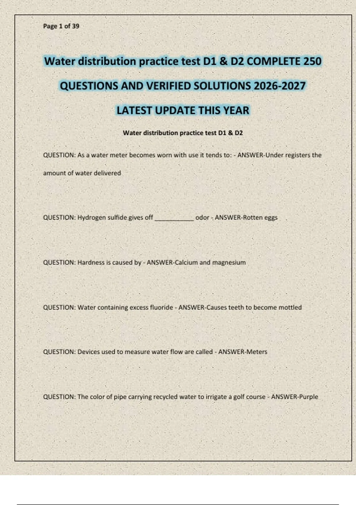 Water distribution practice test D1 & D2 COMPLETE 250 QUESTIONS AND ...