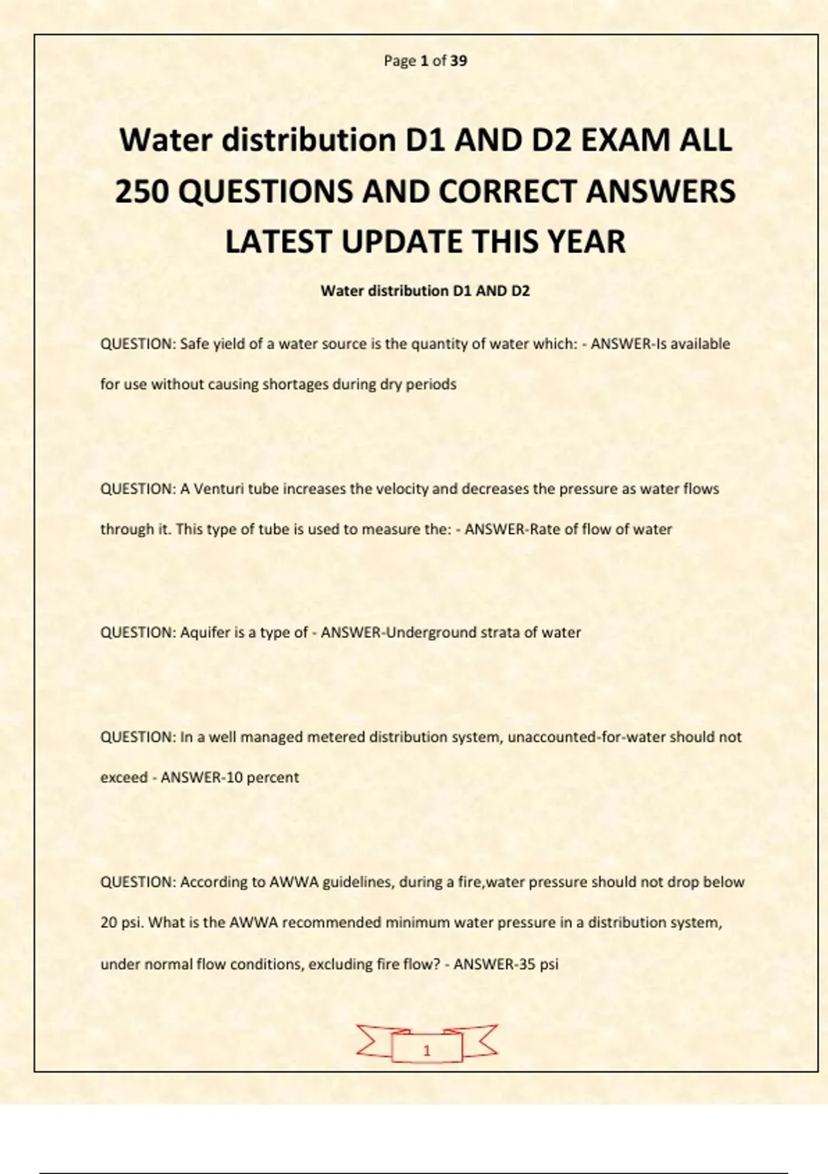 Water distribution D1 AND D2 EXAM ALL 250 QUESTIONS AND CORRECT ANSWERS ...