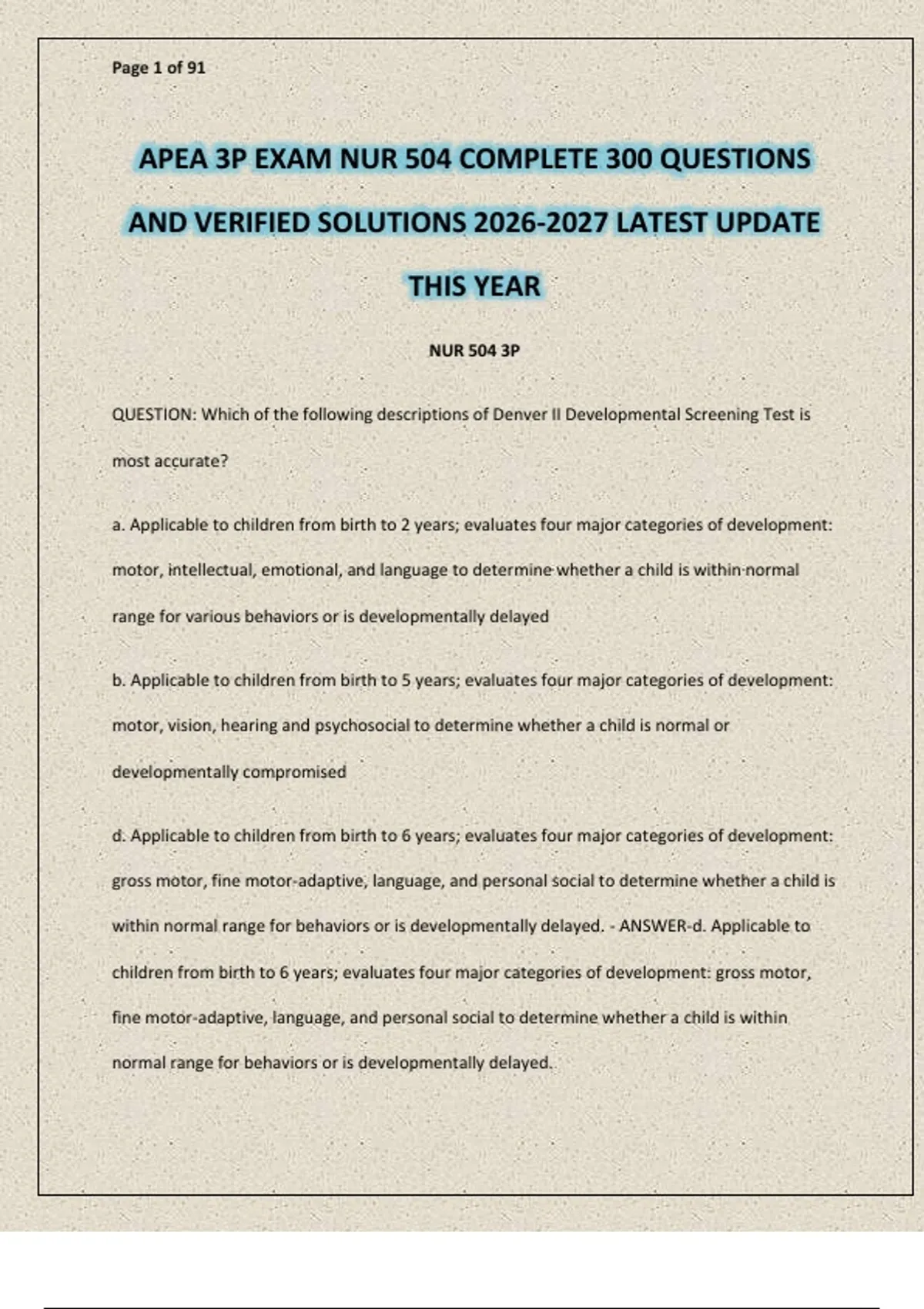 APEA 3P EXAM NUR 504 COMPLETE 300 QUESTIONS AND VERIFIED SOLUTIONS ...