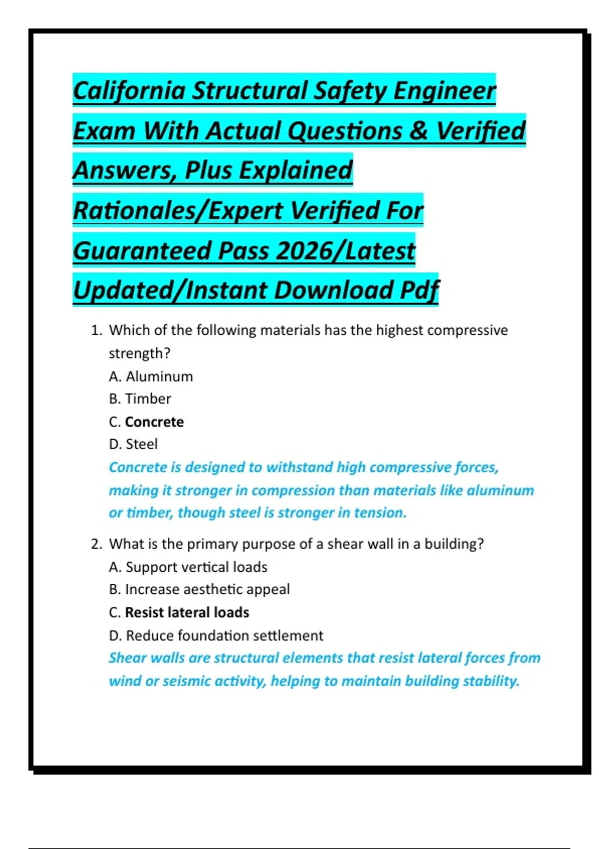Structural Engineering Exam Example Questions California Structural Safety Engineer Exam With Actual Questions ...