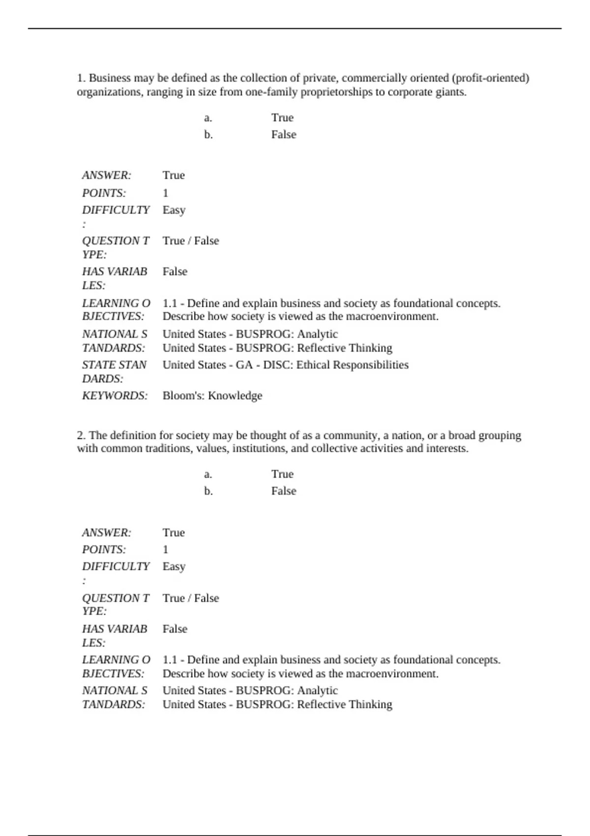practice test bank questions, final exam : Business & Society Ethics ...