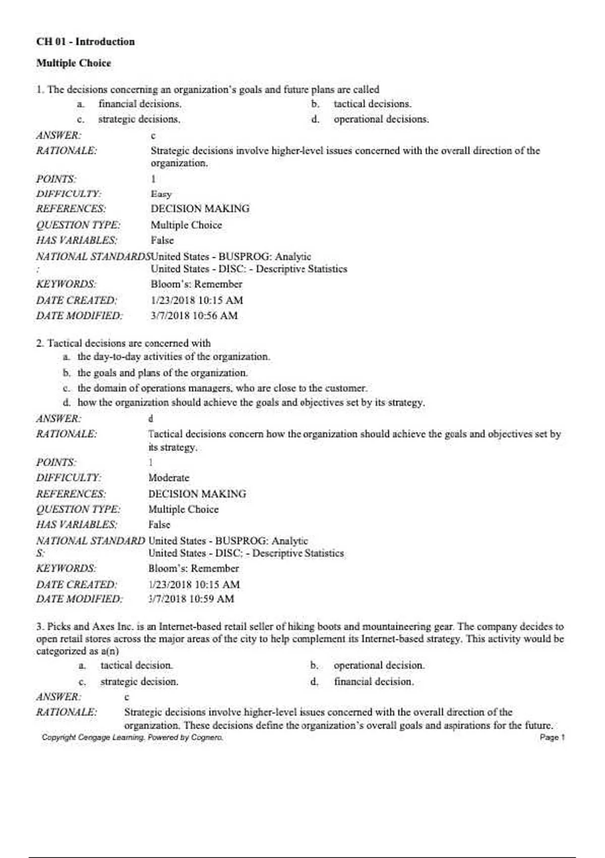 practice test bank questions, final exam : Business Analytics,Camm,3e ...