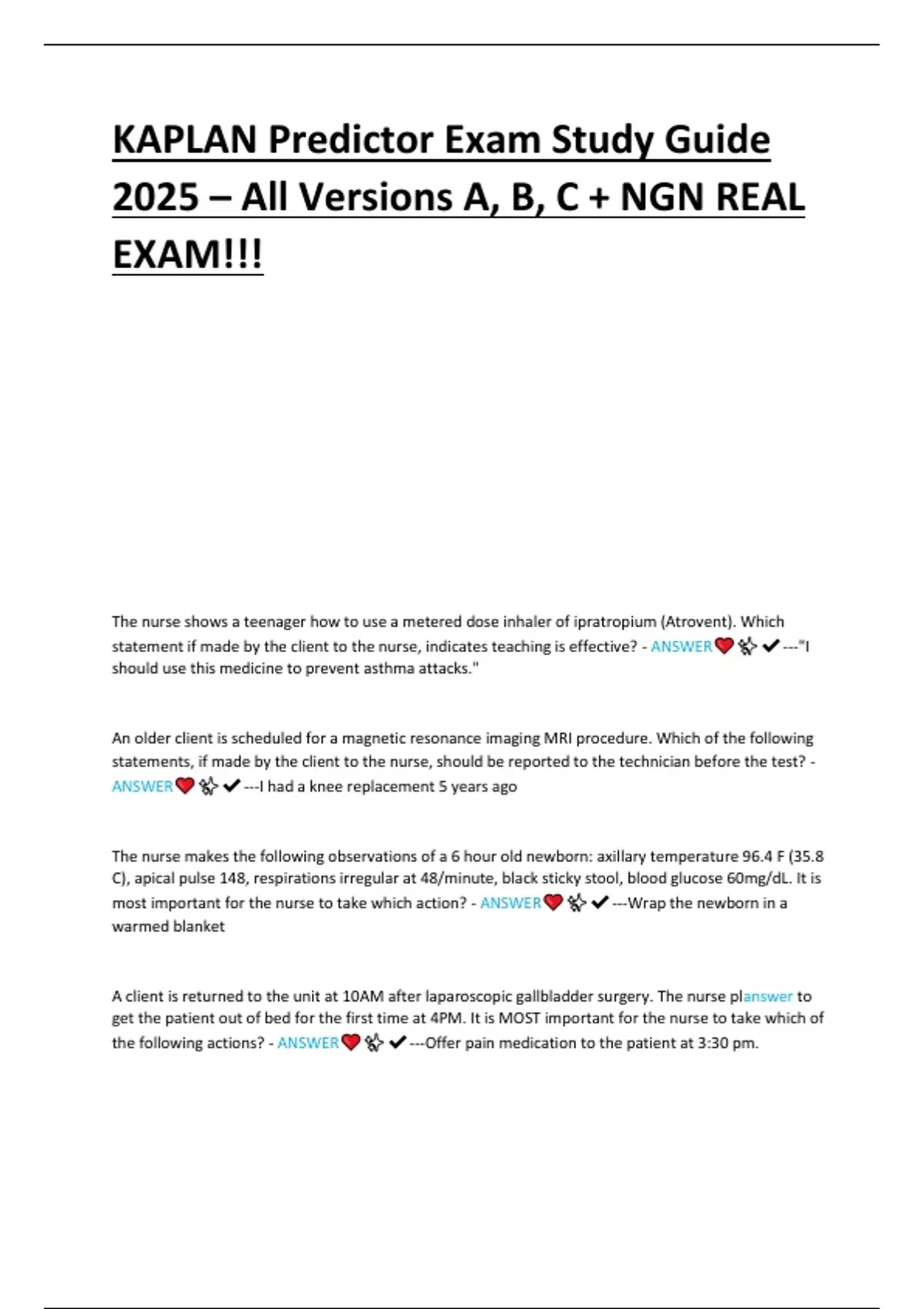 Kaplan Predictor Exam 2025 – All Versions A, B, C + NGN Real Exam Study ...