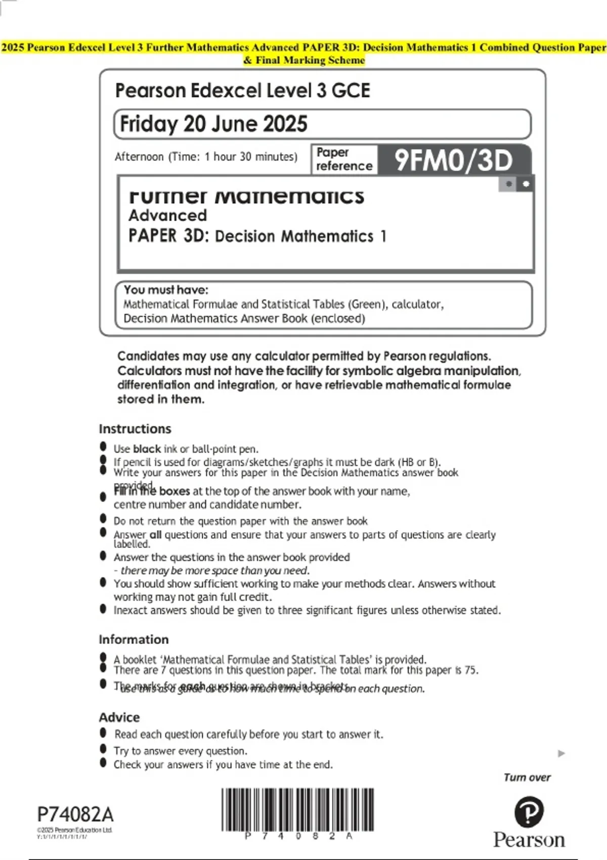 2025 Pearson Edexcel Level 3 Further Mathematics Advanced PAPER 3D ...
