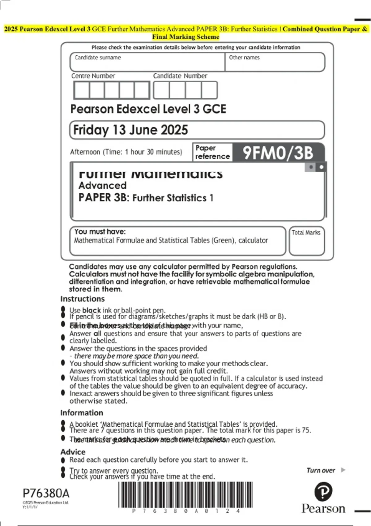 2025 Pearson Edexcel Level 3 GCE Further Mathematics Advanced PAPER 3B ...