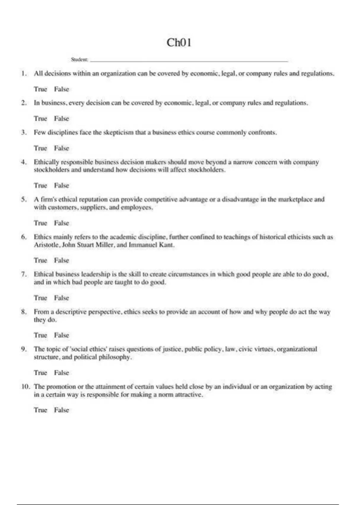 practice test bank questions, final exam : Business Ethics Decision ...