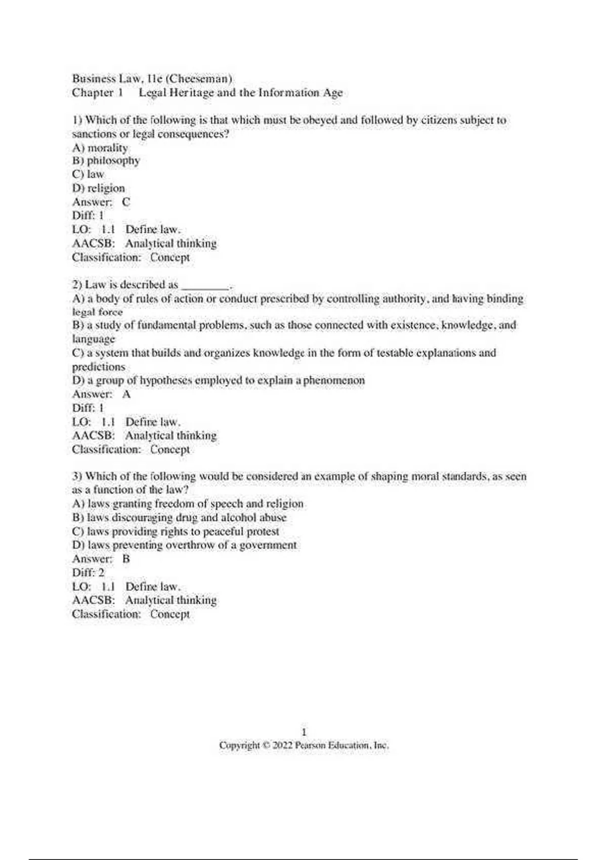practice test bank questions, final exam : Business Law,Cheeseman,11e ...