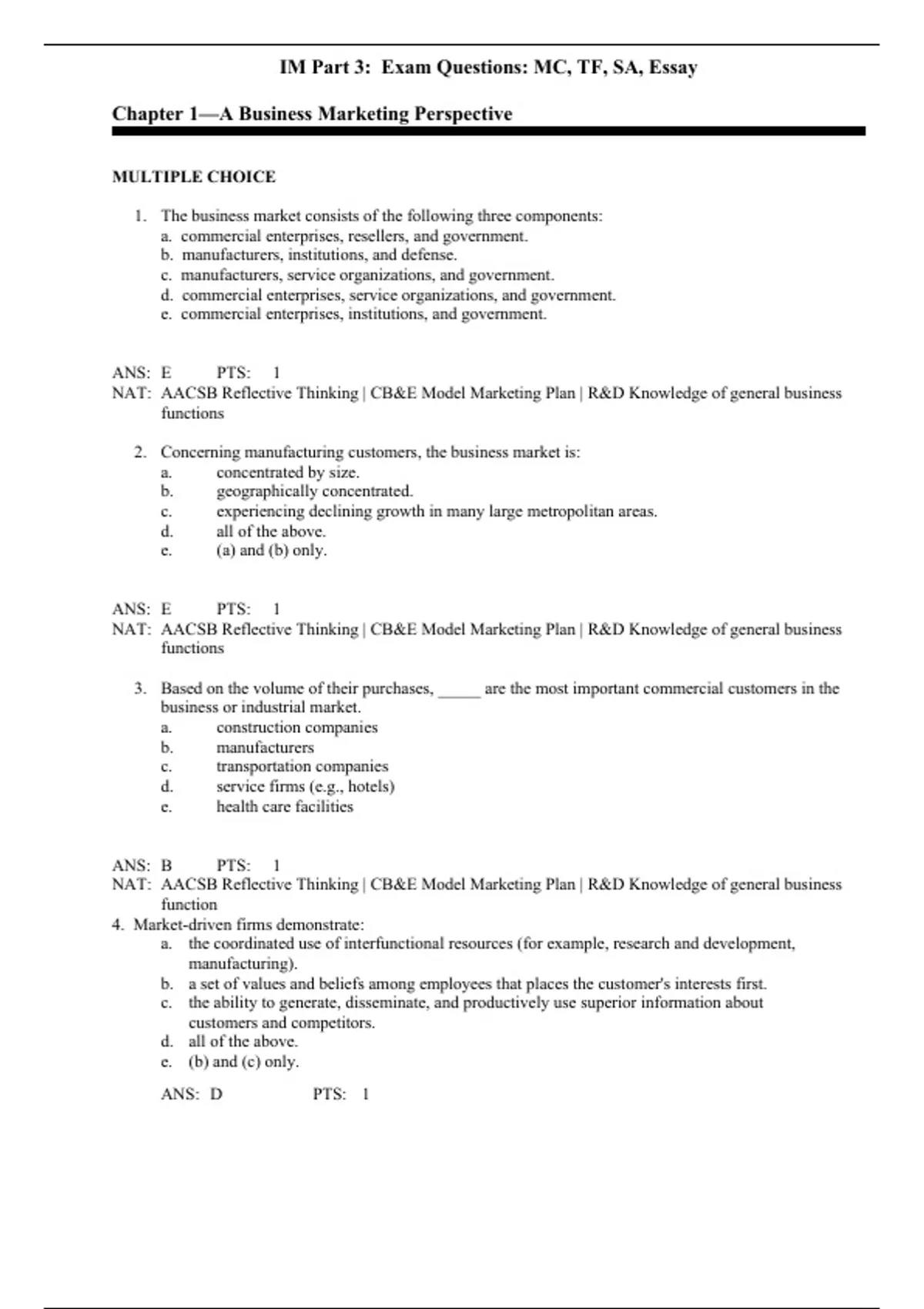 practice test bank questions, final exam : Business Marketing ...