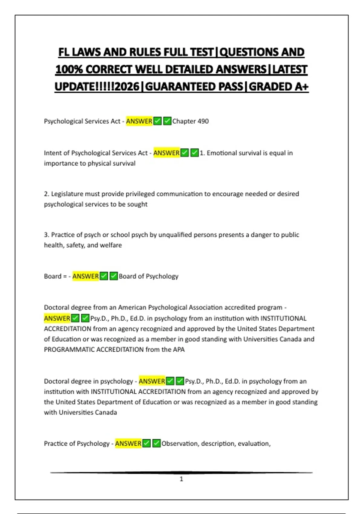 FL LAWS AND RULES FULL TEST|QUESTIONS AND 100% CORRECT WELL DETAILED ...