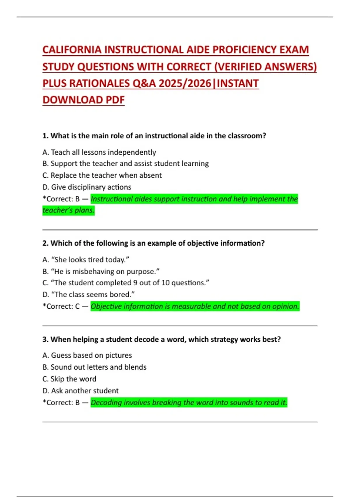 California Instructional Aide Proficiency Exam – Study Questions with ...