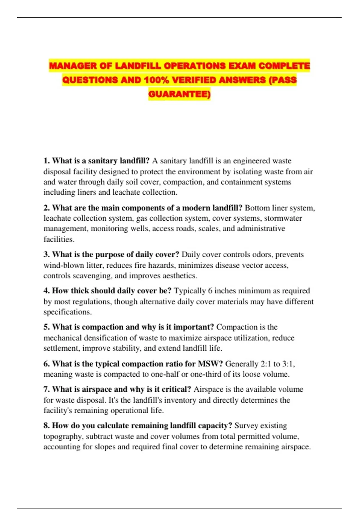 MANAGER OF LANDFILL OPERATIONS EXAM COMPLETE QUESTIONS AND 100% ...
