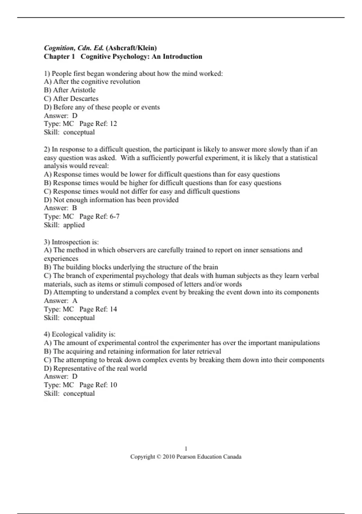 practice test bank questions, final exam : Cognition, First Canadian ...