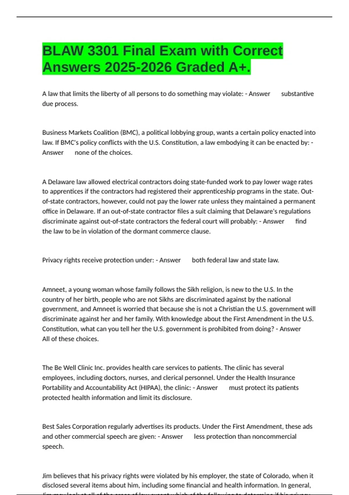 BLAW 3301 Final Exam with Correct Answers Graded A+. - BLAW 3301 ...