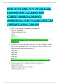 REAL ESTATE SALESPERSON LICENSING  EXAMINATION QUESTIONS AND  CORRECT ANSWERS &lpar;VERIFIED  ANSWERS&rpar; PLUS RATIONALES 2026 Q&A  &vert; INSTANT DOWNLOAD PDF 