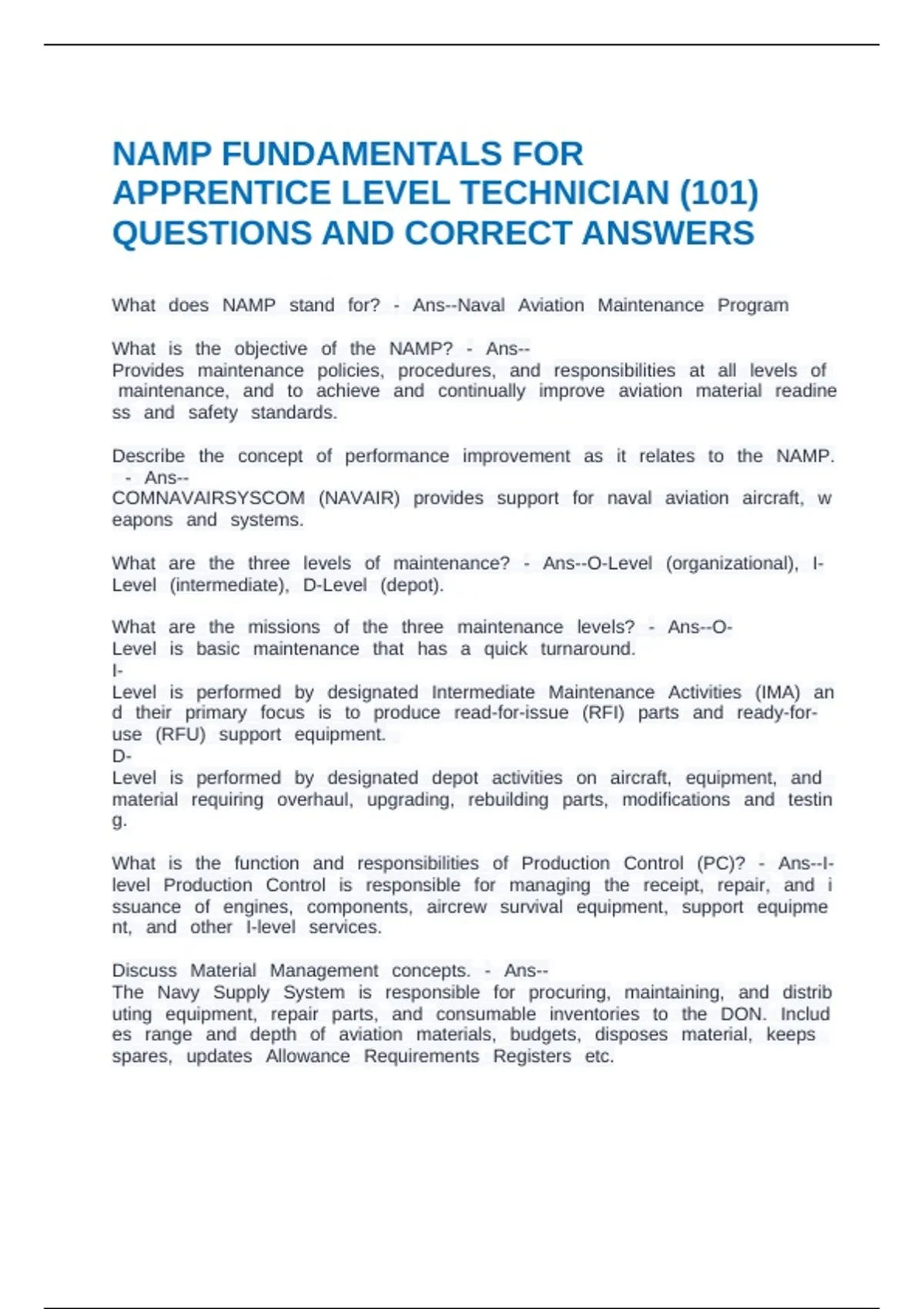 NAMP FUNDAMENTALS FOR APPRENTICE LEVEL TECHNICIAN (101) QUESTIONS AND ...