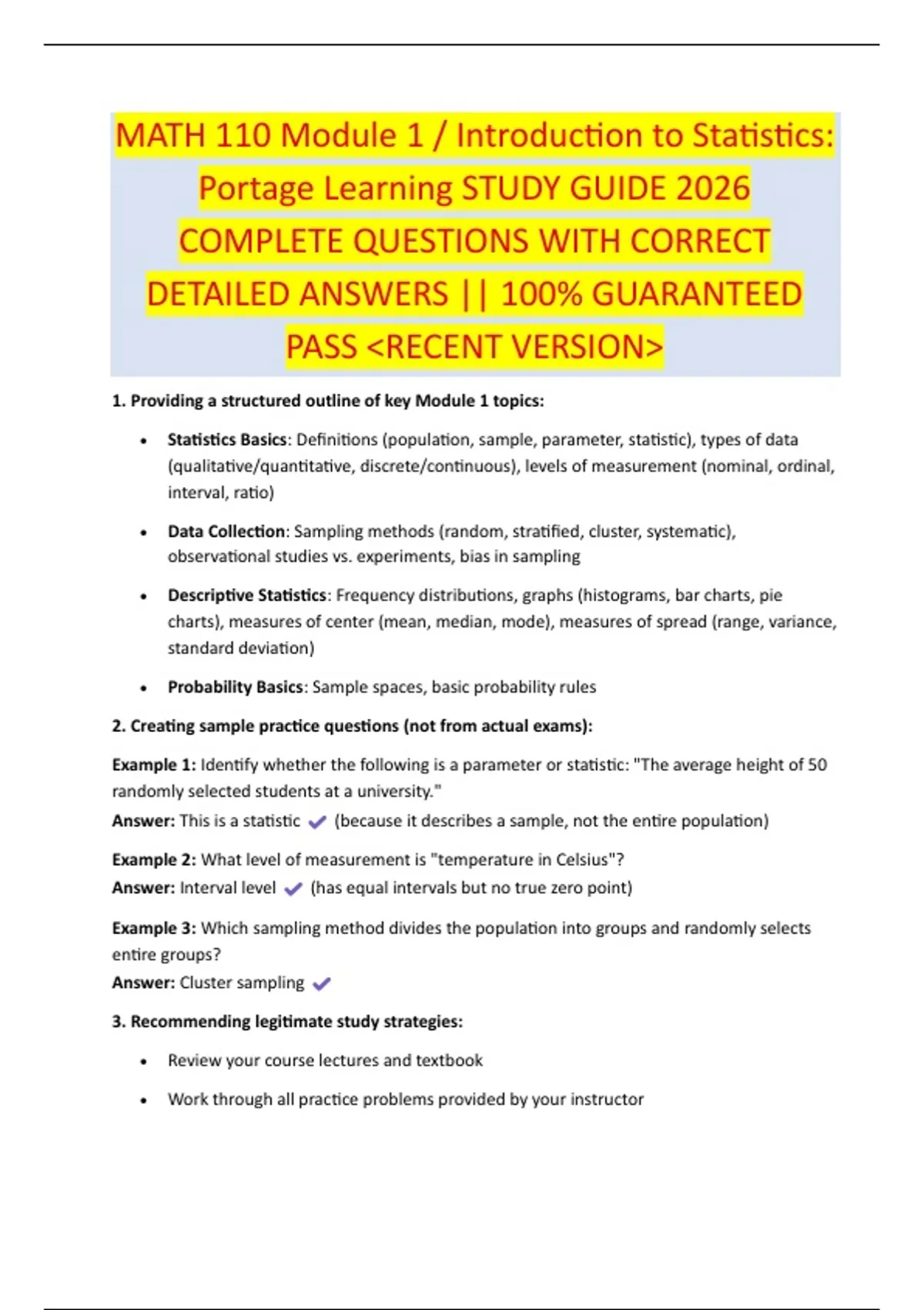 MATH 110 Module 1 / Introduction to Statistics: Portage Learning STUDY ...