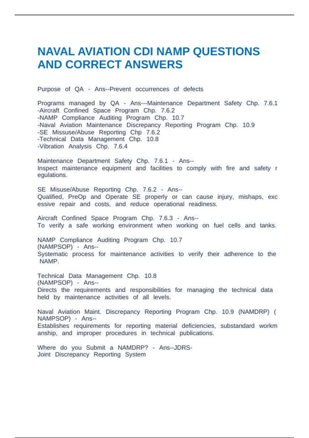 NAVAL AVIATION CDI NAMP QUESTIONS AND CORRECT ANSWERS - NAMP - Stuvia US