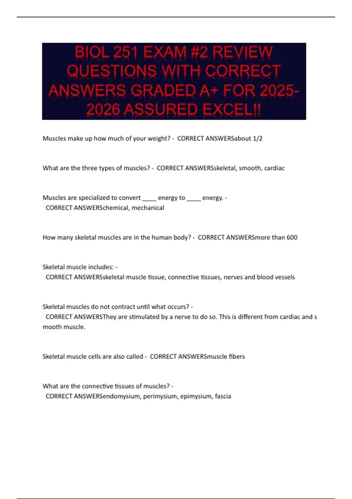 BIOL 251 EXAM -2 REVIEW QUESTIONS WITH CORRECT ANSWERS GRADED A+ FOR ...