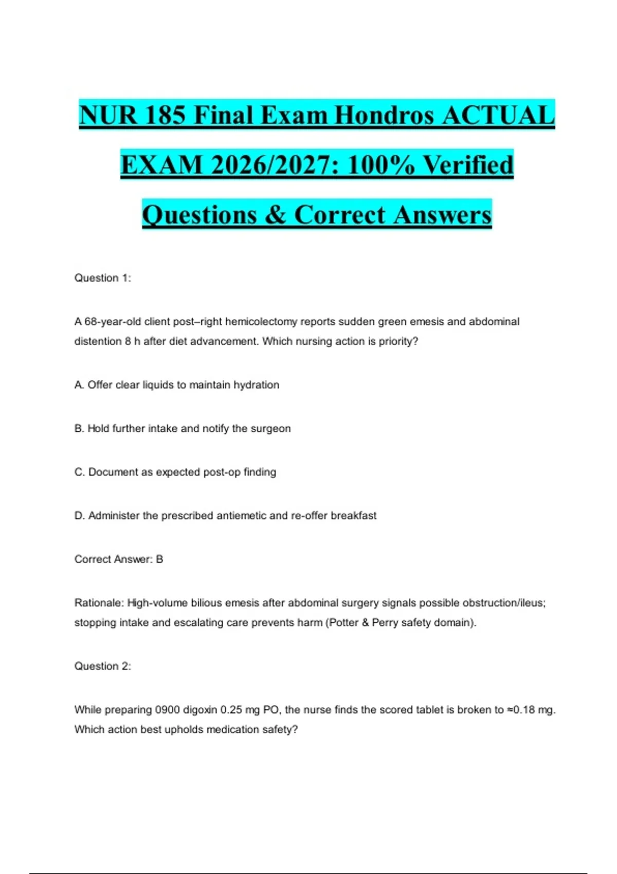 NUR 185 Final Exam Hondros ACTUAL EXAM 2026/2027: 100% Verified ...