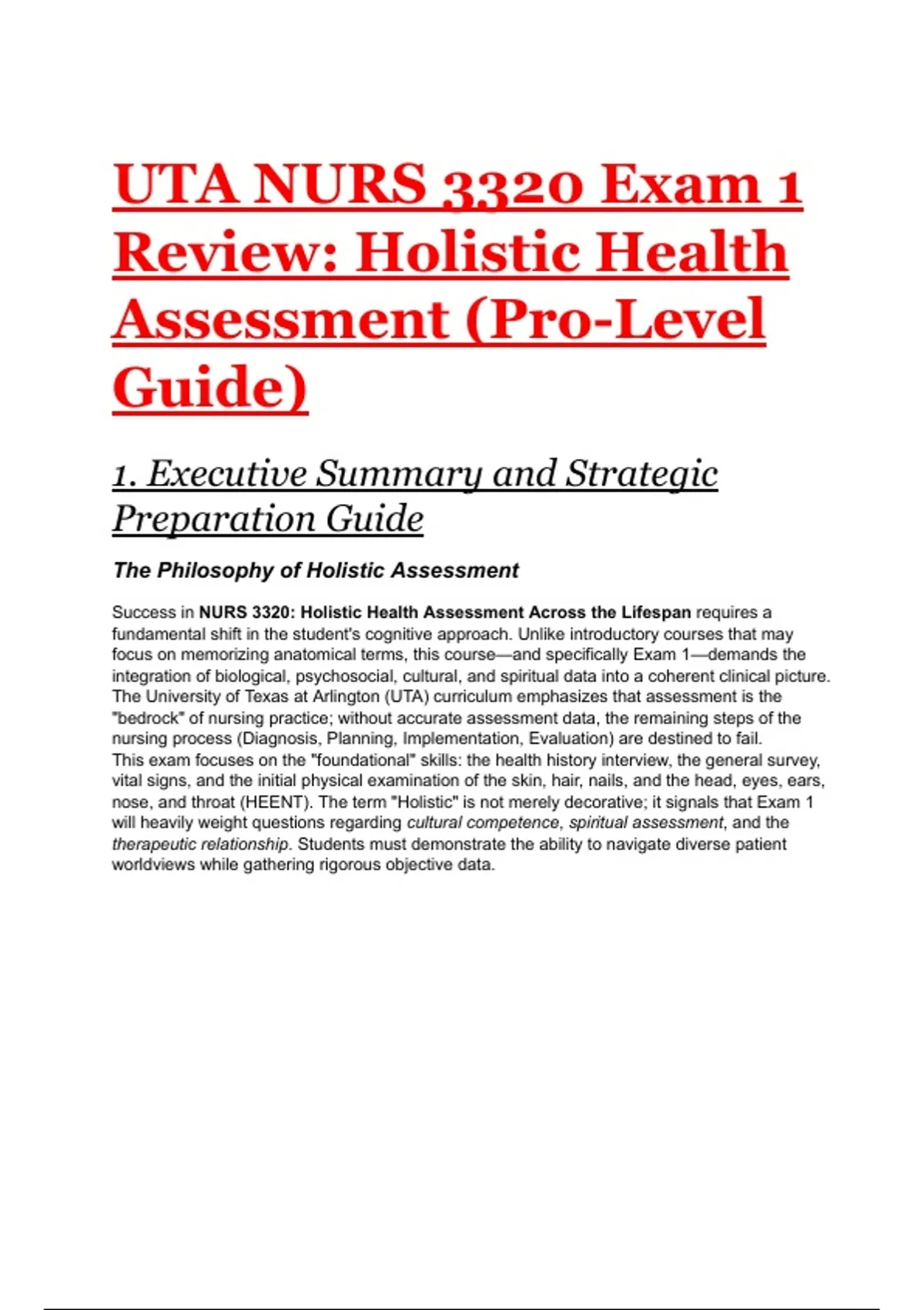 UTA NURS 3320 Exam 1 Holistic Health Assessment | University of Texas ...