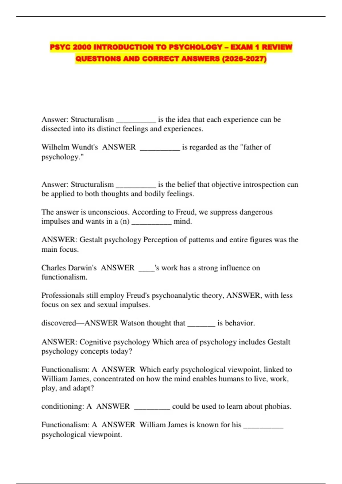 PSYC 2000 INTRODUCTION TO PSYCHOLOGY – EXAM 1 REVIEW QUESTIONS AND ...