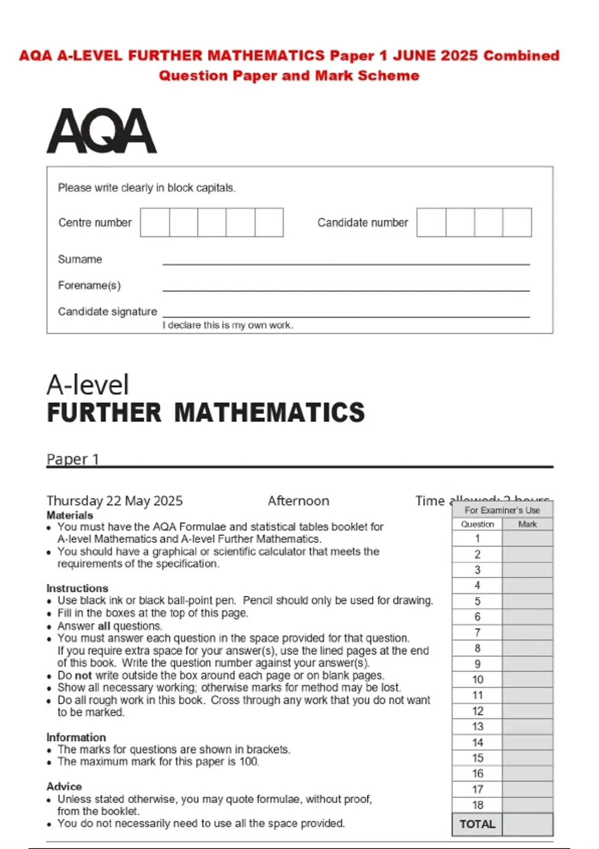 AQA A-LEVEL FURTHER MATHEMATICS Paper 1 JUNE 2025 Combined Question ...