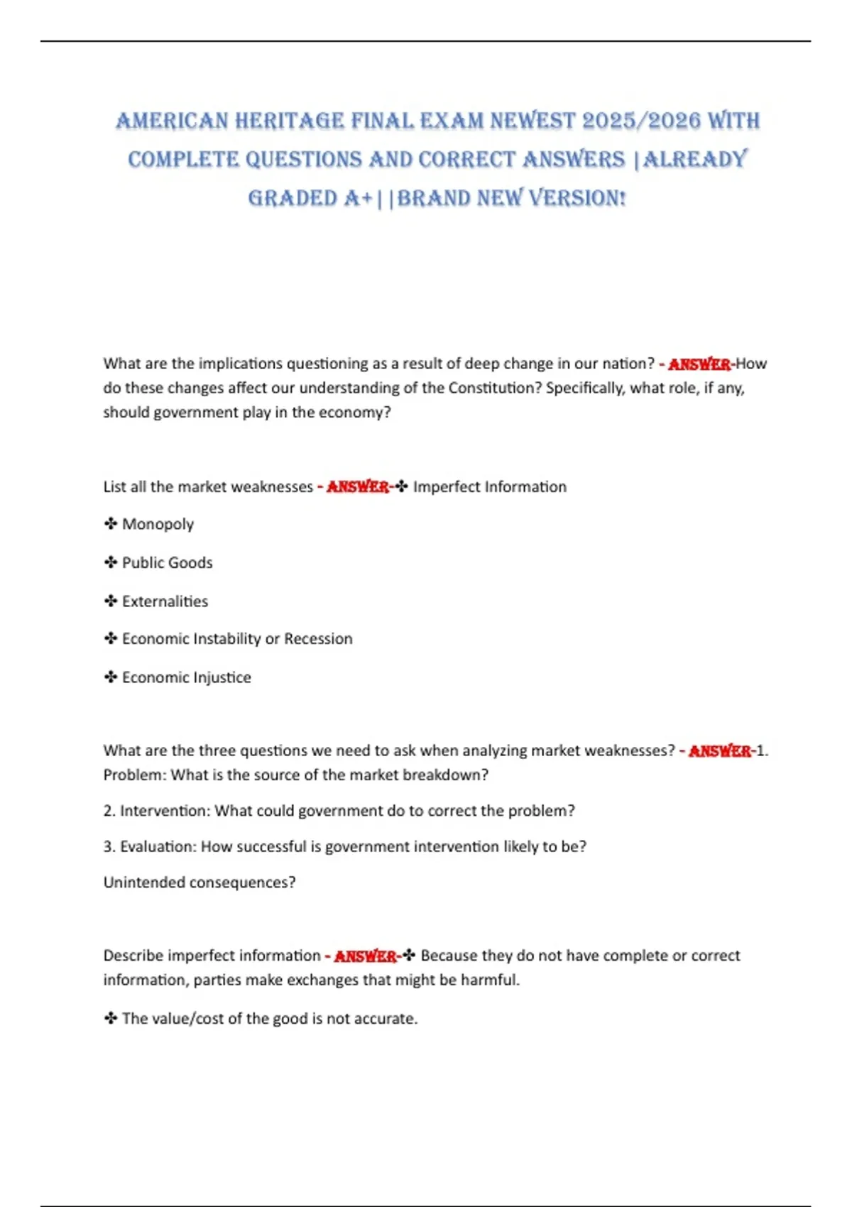 AmericAn HeritAge FinAl exAm newest 2025/2026 witH complete Questions And correct Answers ...