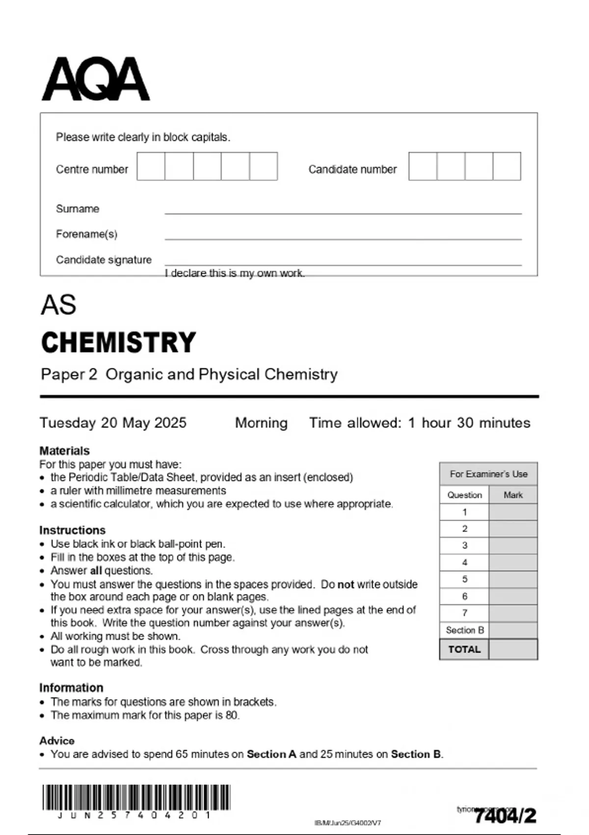 AQA AS CHEMISTRY Paper 2 Organic and Physical Chemistry MAY 2025 ...