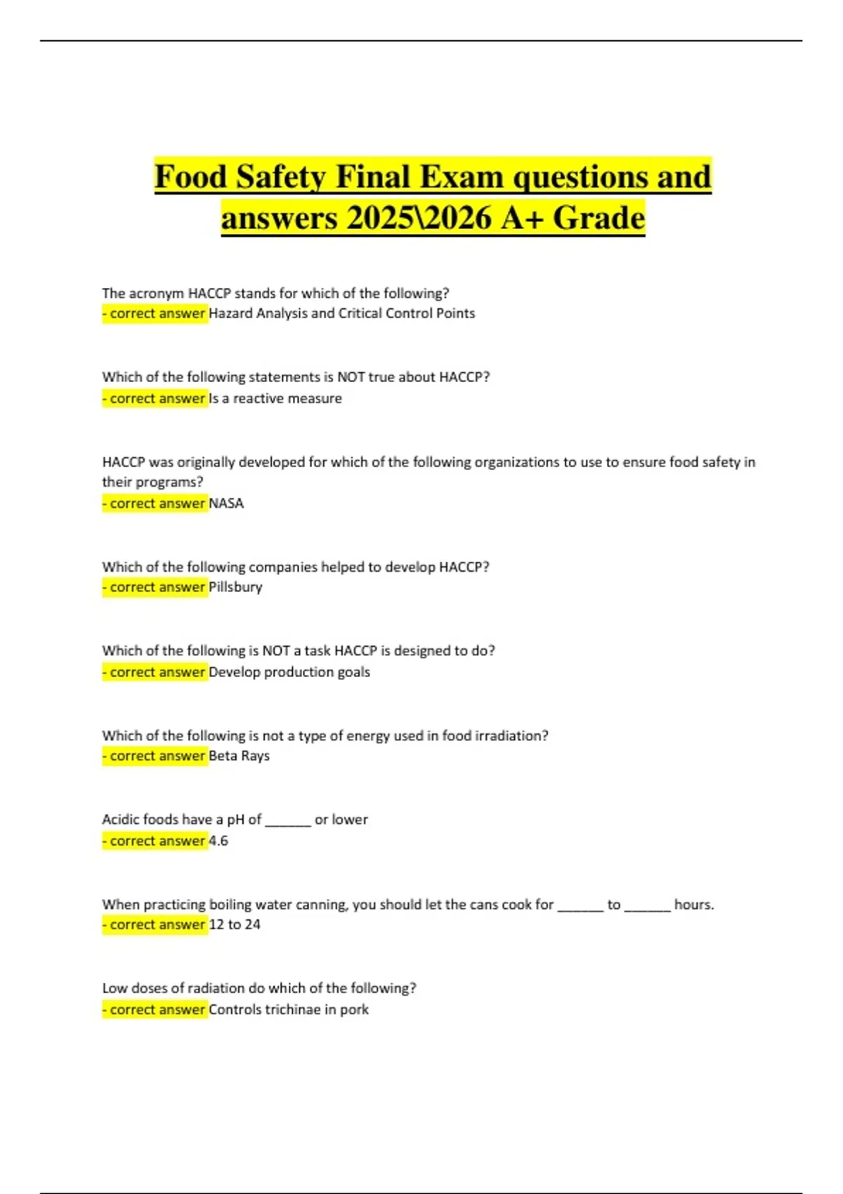 Food Safety Final Exam – Certification Questions and Answers 2025–2026 | Complete final exam ...