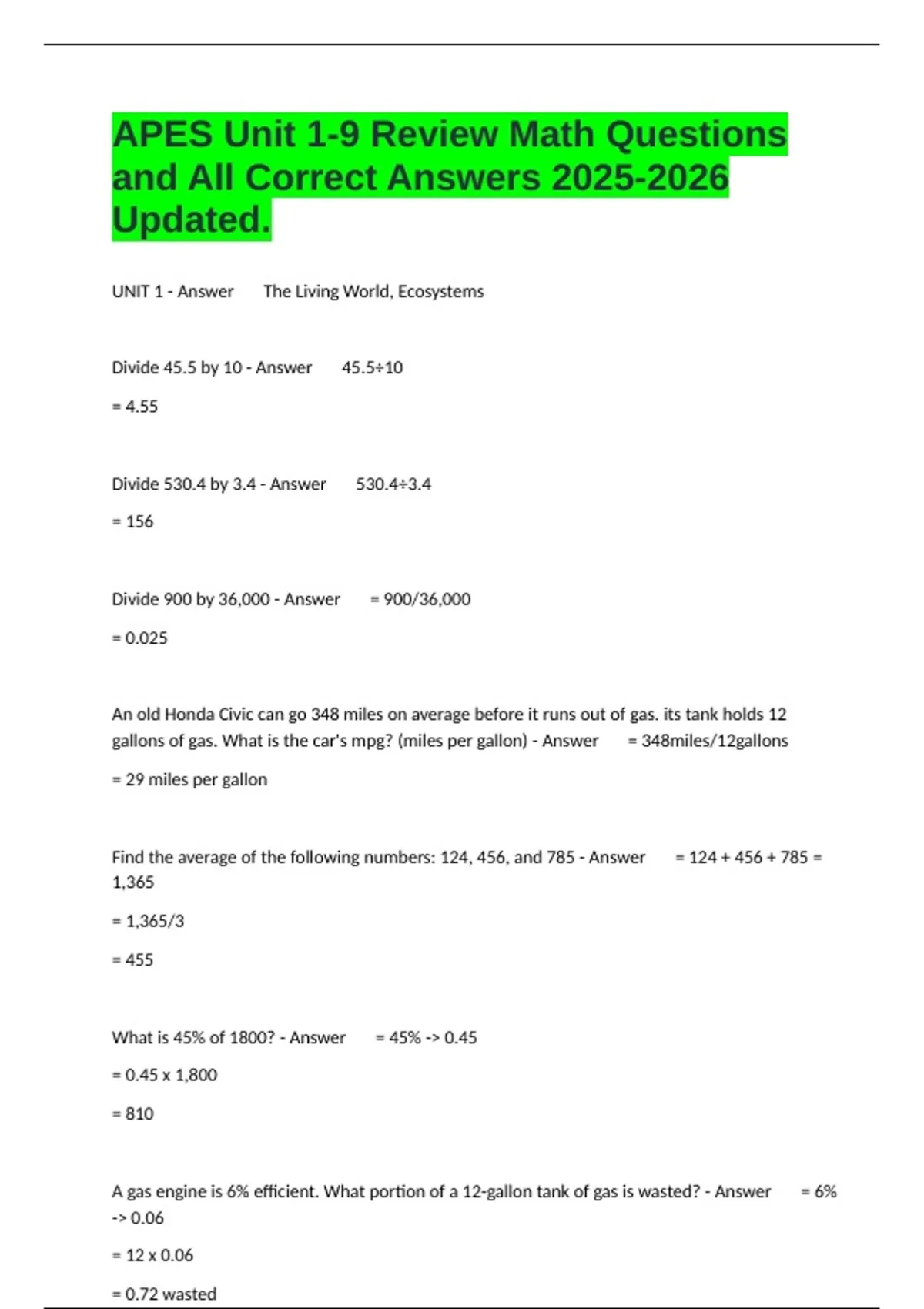 APES Unit 1-9 Review Math Questions and All Correct Answers Updated ...