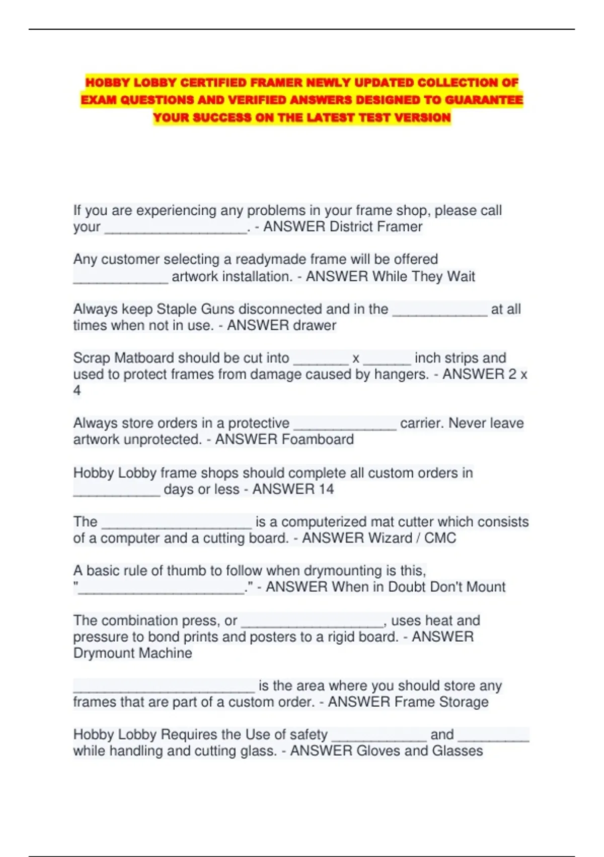 HOBBY LOBBY CERTIFIED FRAMER NEWLY UPDATED COLLECTION OF EXAM QUESTIONS ...