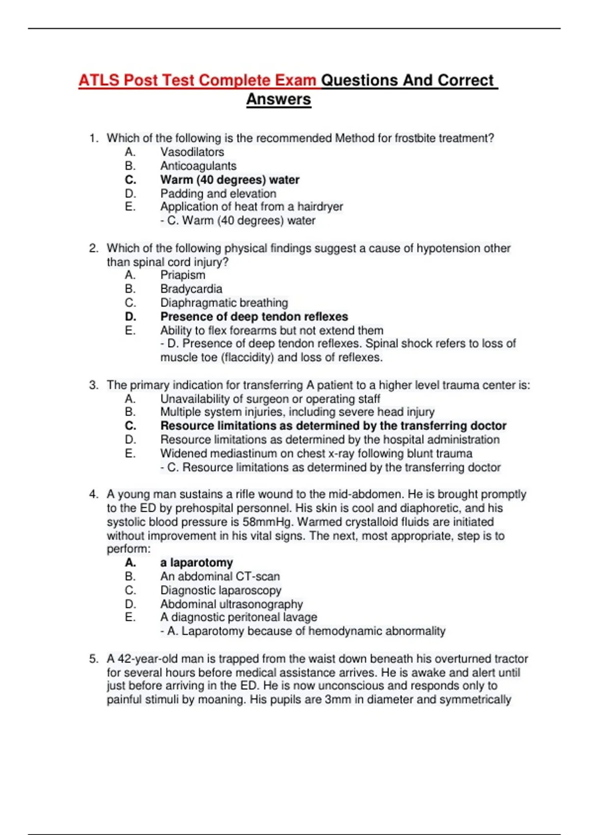 ATLS Post Test Complete Exam Questions And Correct Answers| 2026 ...