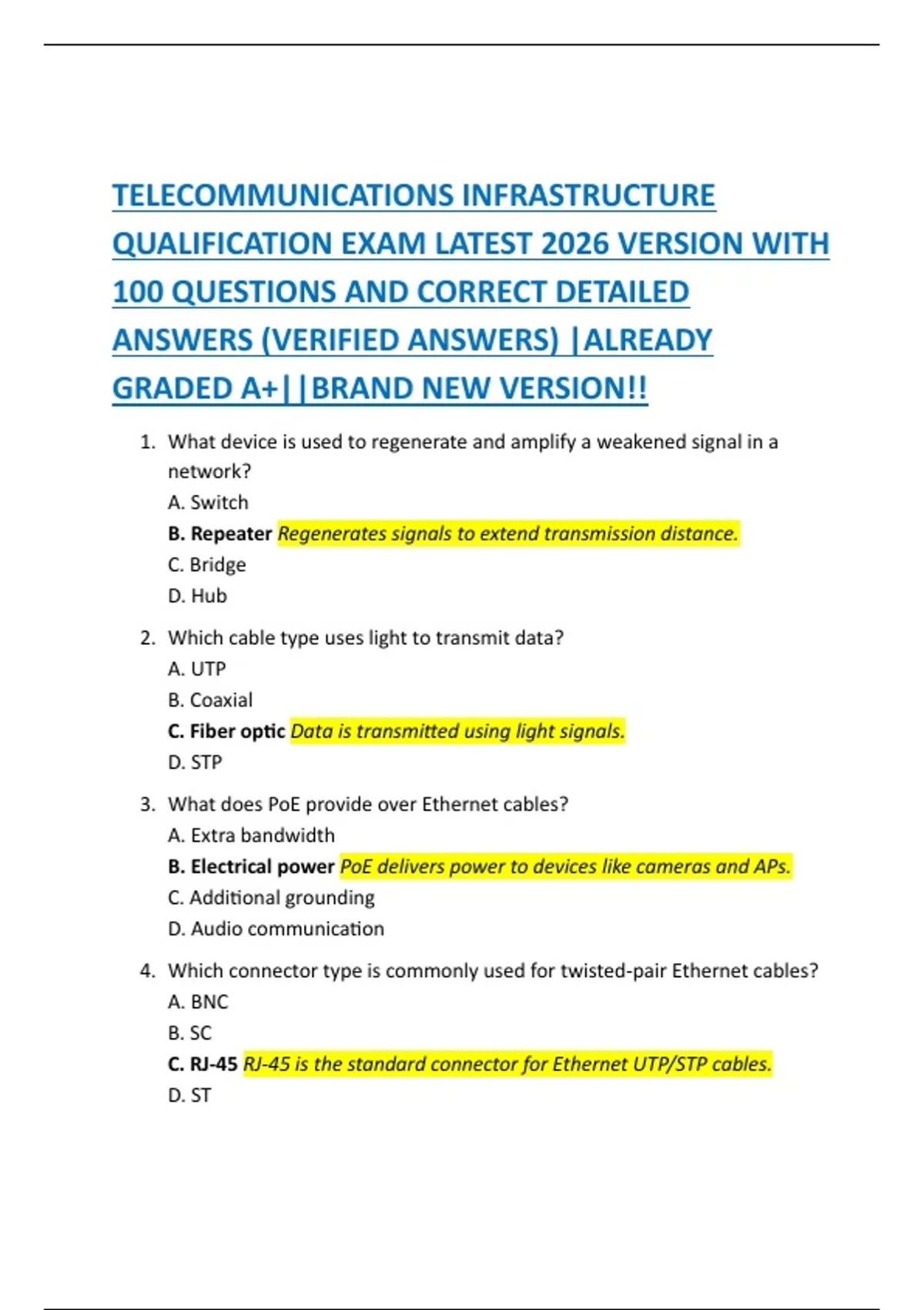 BUNDLE FOR TELECOMMUNICATIONS INFRASTRUCTURE QUALIFICATION EXAM LATEST ...