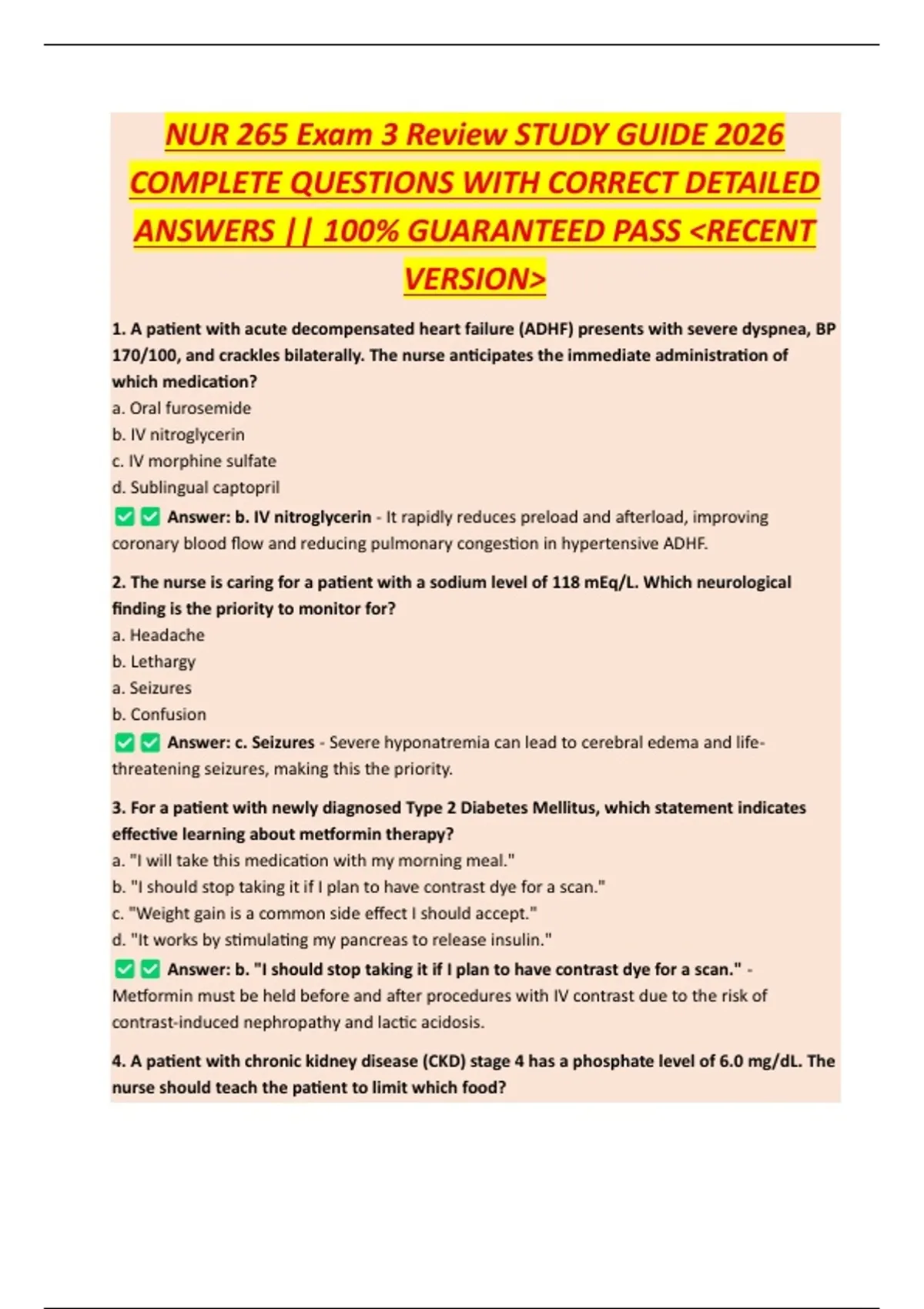 NUR 265 Exam 3 Review STUDY GUIDE 2026 COMPLETE QUESTIONS WITH CORRECT ...