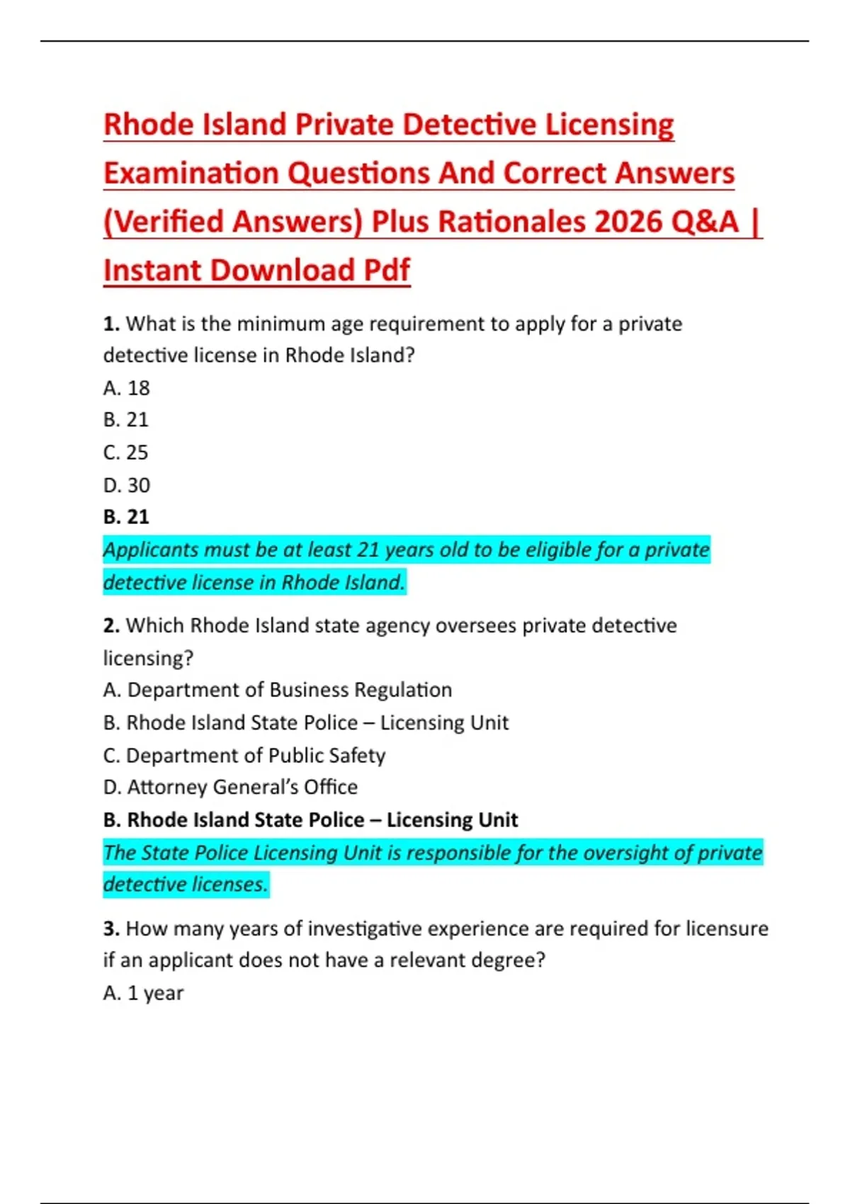 Rhode Island Private Detective Licensing Examination Questions And ...