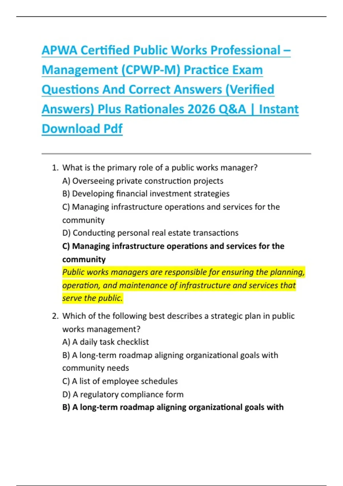 APWA Certified Public Works Professional – Management (CPWP-M) Practice ...
