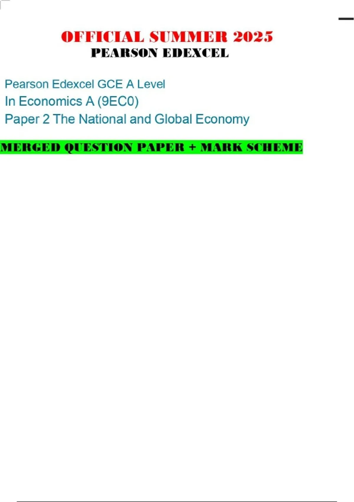 OFFICIAL SUMMER 2025 PEARSON EDEXCEL Pearson Edexcel GCE A Level In ...