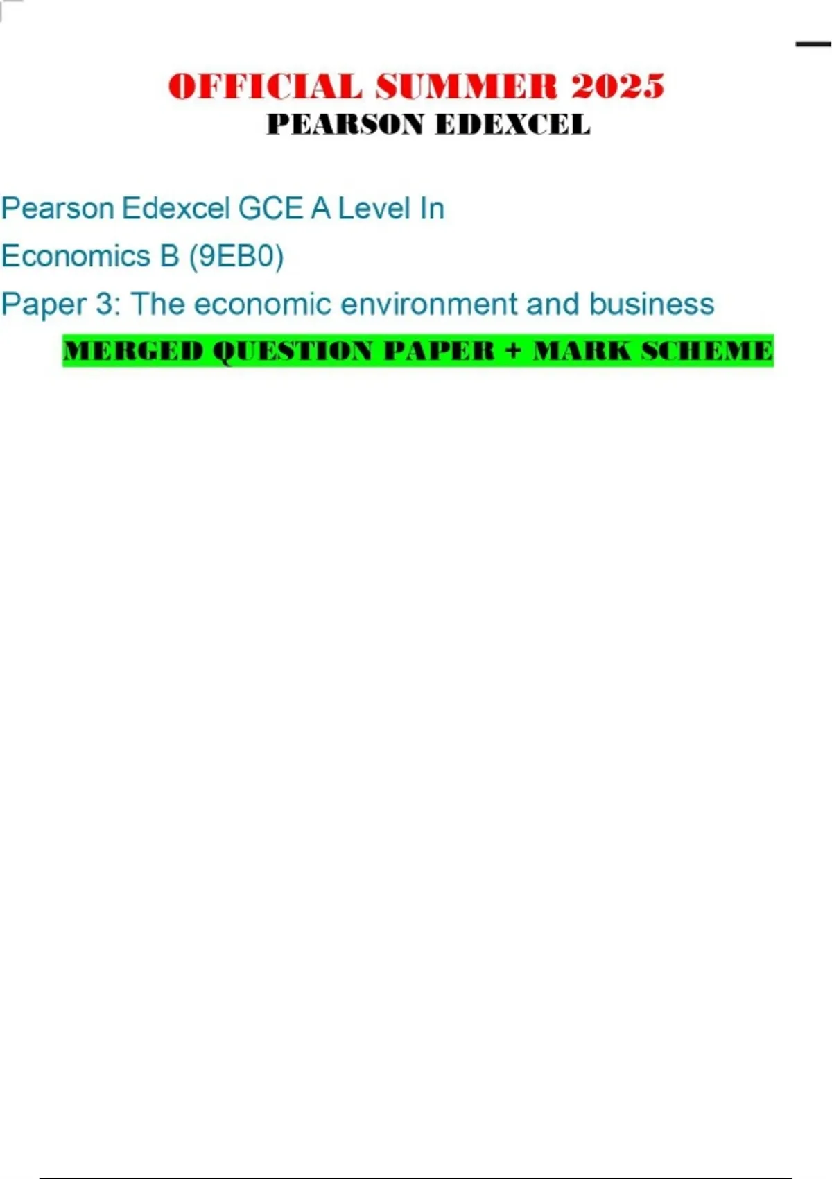OFFICIAL SUMMER 2025 PEARSON EDEXCEL Pearson Edexcel GCE A Level In ...