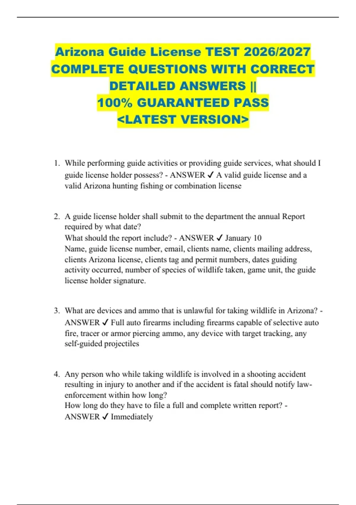 Arizona Guide License TEST 2026/2027 COMPLETE QUESTIONS WITH CORRECT ...