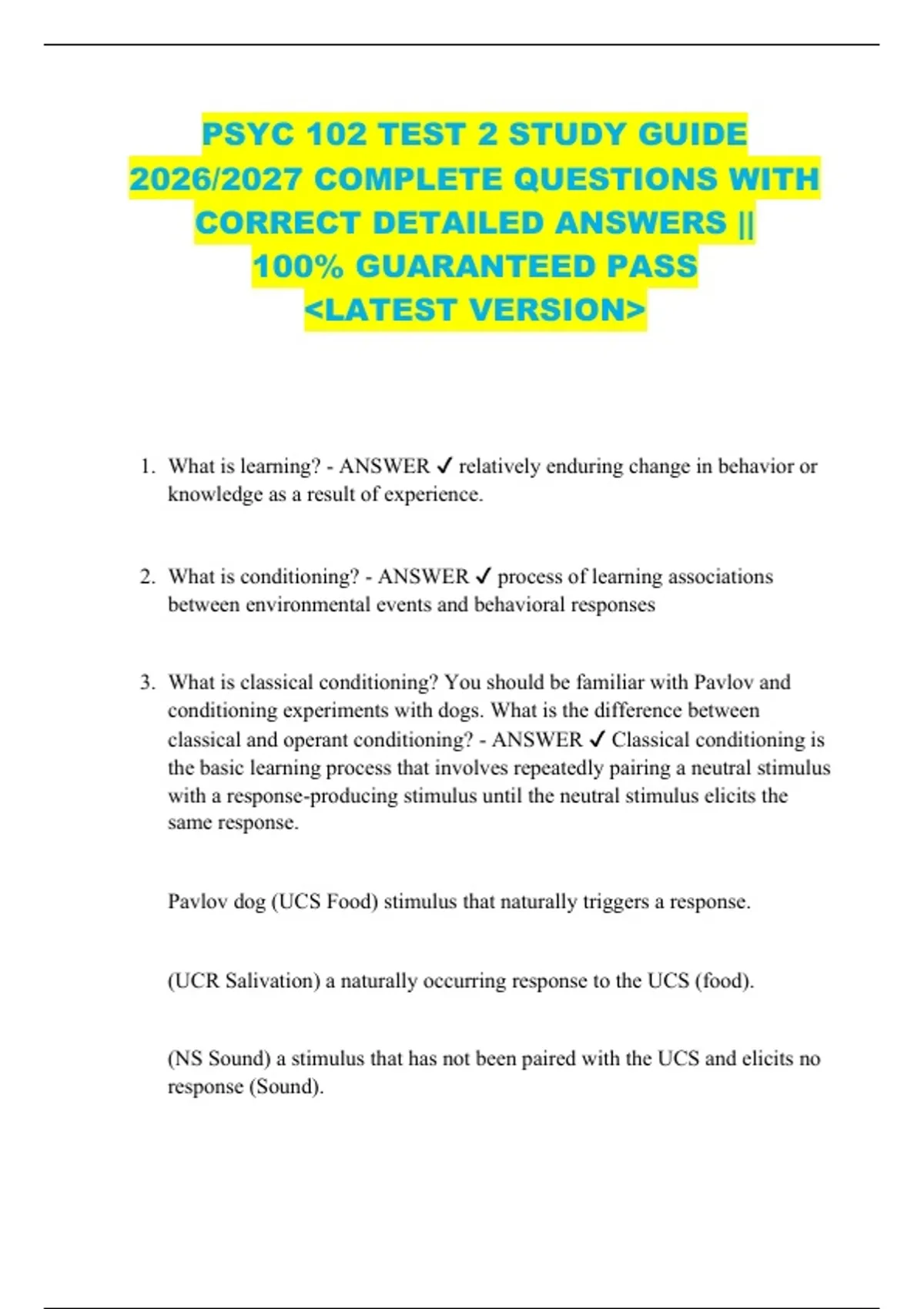 PSYC 102 TEST 2 STUDY GUIDE 2026/2027 COMPLETE QUESTIONS WITH CORRECT ...
