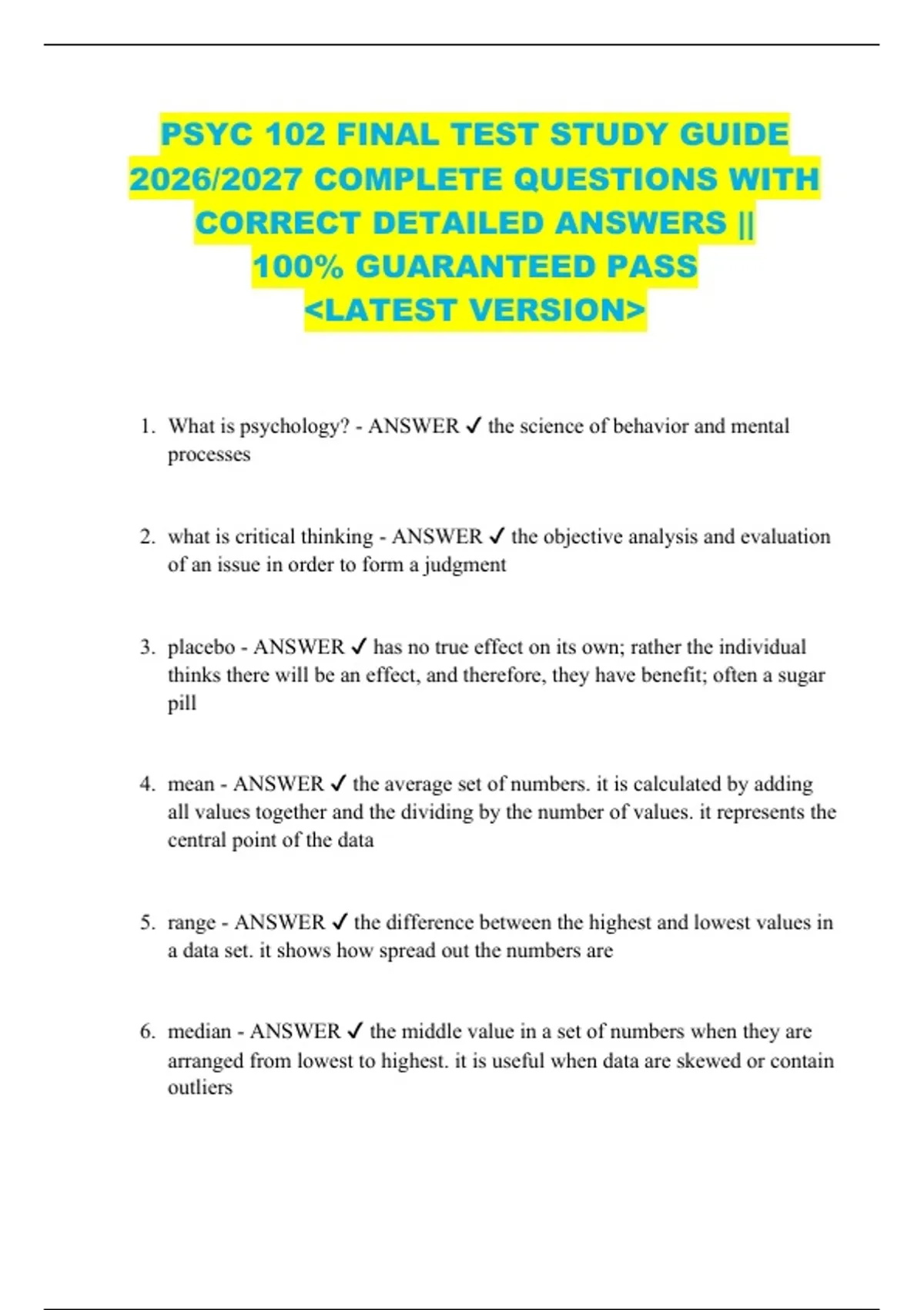 PSYC 102 FINAL TEST STUDY GUIDE 2026/2027 COMPLETE QUESTIONS WITH ...